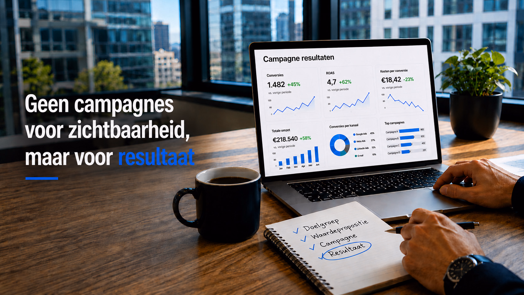 Laptop met campagne-resultaten dashboard en marketing-checklist