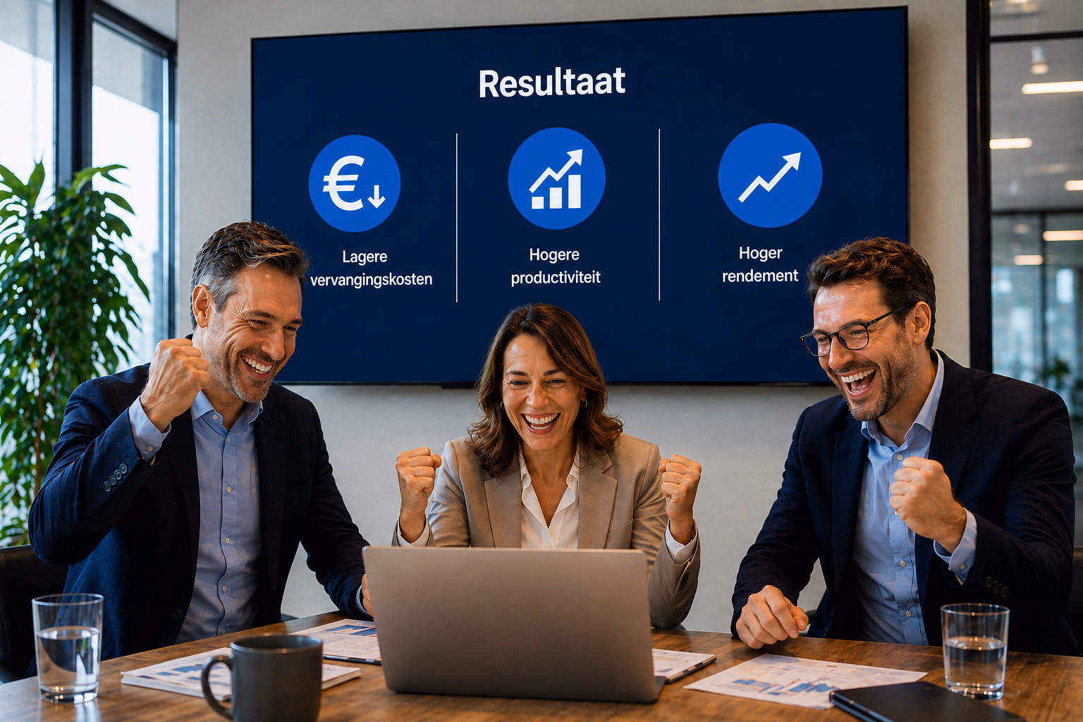 Drie collega's juichend bij een resultaat-dashboard