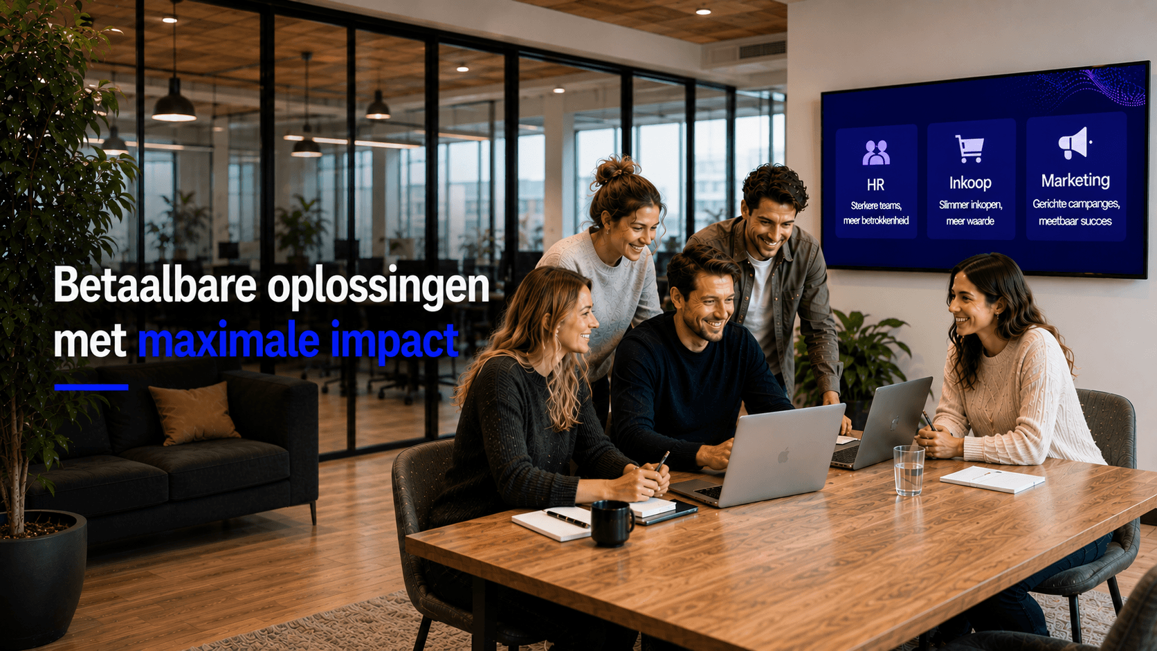 Team rond laptop met HR, Inkoop en Marketing dashboards